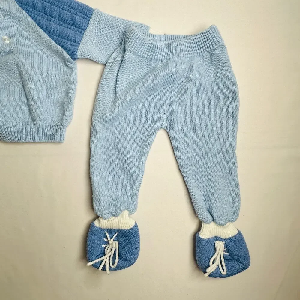 Vintage Story Book Teddy Bears Sweater Blue Knit 2pc Set Outfit Sz 3 mo
